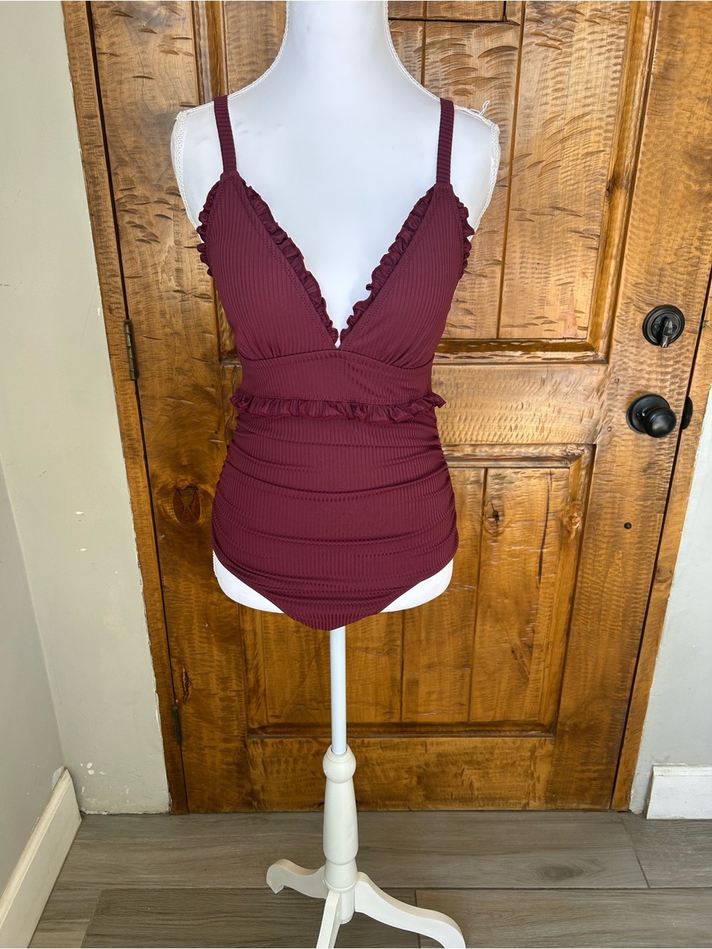 CHARMO UPF 50+ Ruffled Deep V One-Piece Swimsuit in Burgundy